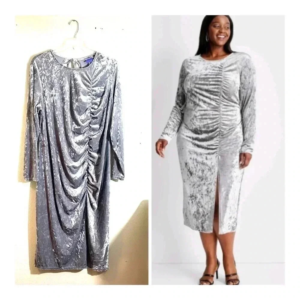 Future Collective Women Plus 3X Silver Velour Party Dress Ruched Open Back NEW